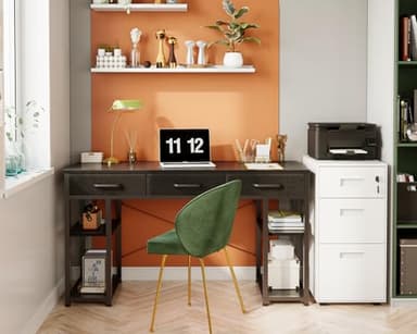 ODK Office Small Computer Desk: Home Table with Fabric Drawers & Storage Shelves, Modern Writing Desk, Black, 48"x16" - Image 2