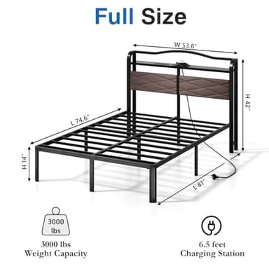 HAVONIZD Full Bed Frame - Storage Headboard with Charging Station & Galaxy Aurora Projector, 14 Inch Sturdy Metal Platform Bed Frame No Box Spring Needed, Easy Assembly, No Noise, Brown - Image 2