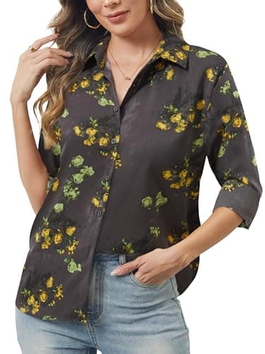 hearain Womens Casual Tops Button Down Long Sleeve Shirts Trendy Dressy Casual Print Blouses Grey Yellow Size S - Image 1