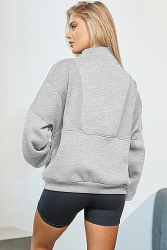 BLENCOT Half Zip Oversized Sweatshirts For Women Long Sleeve Fleece Trendy Cropped Pullover Workout Warm Tops With Pockets M Gray - Image 2