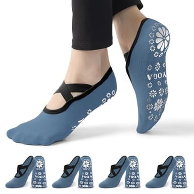 Qincycle Yoga Socks, Pilates Grip Socks for Women, 4 Pairs Blue Non-Slip Grips Straps Athletic Socks for US 7-10 Pilates Dance - Image 1