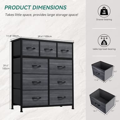 YITAHOME Dresser with 9 Drawers - Fabric Storage Tower, Organizer Unit for Living Room, Hallway - Sturdy Steel Frame, Wooden Top & Easy Pull Fabric Bins - Image 3