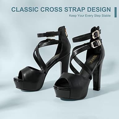 IDIFU Women's IN5 Charcy Crisscross Strappy Platform High Chunky Heels Peep Toe Pump Party Heeled Sandals(11 M US, Black Pu) - Image 5
