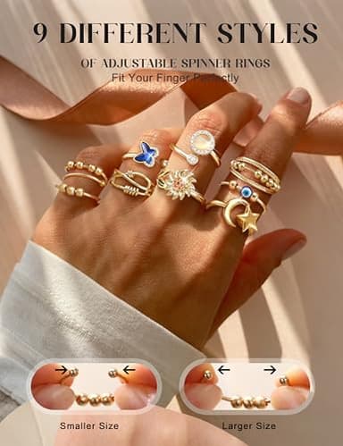 FIBO STEEL 9 Pcs Fidget Anxiety Rings for Women Men Spinner Rings for Anxiety Relieving Stress Open CZ Flower Moon Star Anti Rotatable Rings Adjustable - Image 5