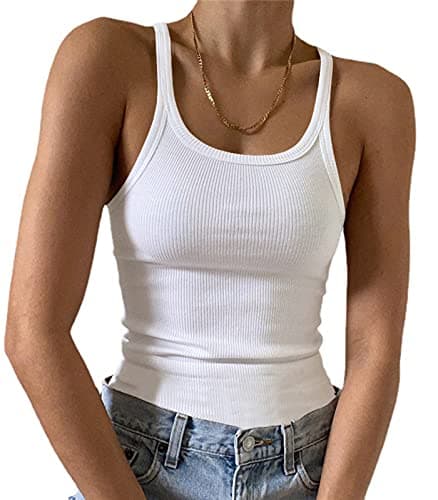 Artfish Women's Sleeveless Full Tank Top Form Fitting Scoop Neck Ribbed Knit Basic Tight Fitted Cami White XS - Image 1