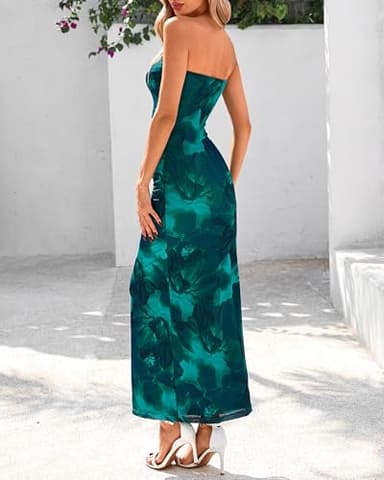 BTFBM Women's Floral Maxi Dresses Summer 2025 Strapless Tube Bodycon Mesh Layered Cocktail Party Wedding Guest Dress(Floral Lake Blue, Medium) - Image 3