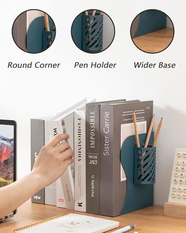 Kingsmile Book Ends, Adjustable Bookends for Shelves, Metal Bookends for Heavy Books, Book Stopper Organzier with Pen Holder for Desk, Kids Room, Office, Classroom, Library, Study Room.(Blue) - Image 2