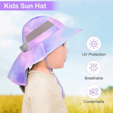 Kids Sun Hat UV Protection Unicorn Summer Beach Play Hats Wide Brim Neck Flap for Girls Boys, Light Purple, 2-9 Years - Image 2