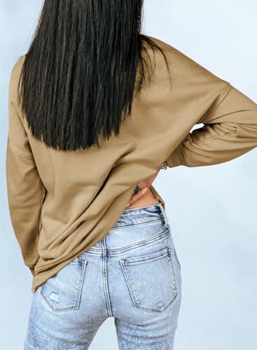 Dokotoo Womens Casual Long Sleeve Crewneck Sweatshirt Side Split Loose Fit Solid Basic Pullover Tunic T Shirts Tops Sweatshirts for Women 2025 Fashion Fall Khaki Large - Image 4