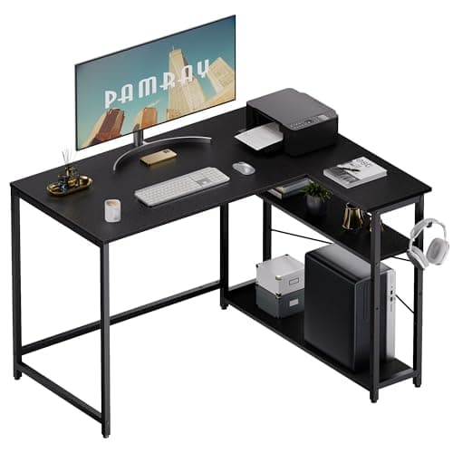 Pamray 43 Inch L Shaped Computer Desk with Reversible Side Storage Shelves, Small Corner Desk for Small Space Home Office,Writing Study Table Gaming PC Desk for Bedroom,Black - Image 1