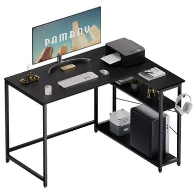 Pamray 43 Inch L Shaped Computer Desk with Reversible Side Storage Shelves, Small Corner Desk for Small Space Home Office,Writing Study Table Gaming PC Desk for Bedroom,Black - Image 1