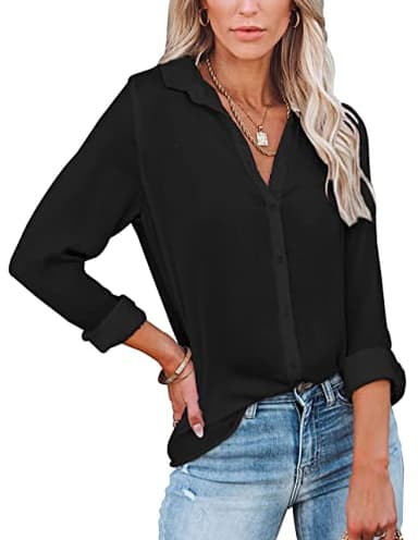 Diosun Womens Button Down V Neck Shirts Long Sleeve Office Casual Business Plain Blouses Tops(M, Black1) - Image 1
