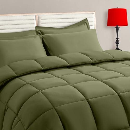 Olive Green Twin Size Comforter Set - 5 Pieces, Bed in a Bag Bedding Sets with All Season Soft Quilted Warm Fluffy Reversible Comforter,Flat Sheet,Fitted Sheet,1 Pillow Shams,1 Pillowcases - Image 1