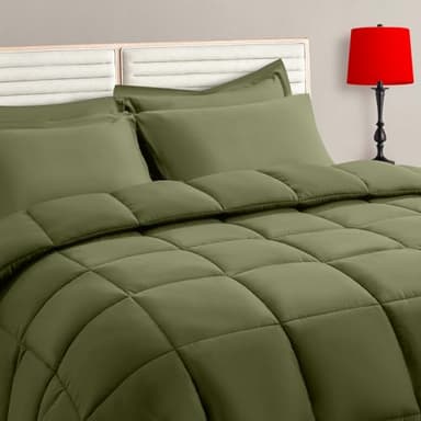 Olive Green Twin Size Comforter Set - 5 Pieces, Bed in a Bag Bedding Sets with All Season Soft Quilted Warm Fluffy Reversible Comforter,Flat Sheet,Fitted Sheet,1 Pillow Shams,1 Pillowcases - Image 1