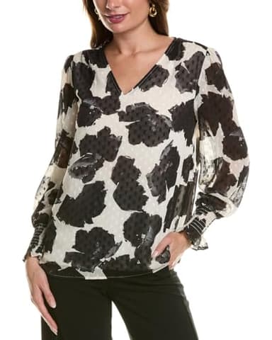 Anne Klein Long Sleeve V Neck Blouse W Smocked Cuff - Image 1