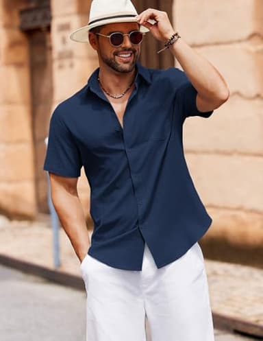 COOFANDY Mens Pure Cotton Shirt Short Sleeve Casual Button Down Shirt Summer Shirt Navy Blue - Image 3