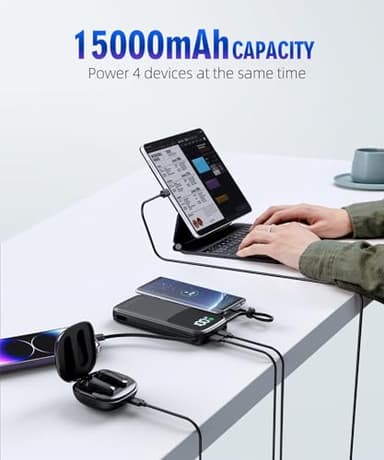Portable-Charger-Power-Bank - 15000mAh Power Bank Supports PD 30W Fast Charging Built-in AC Wall Plug and 2 Output Cables with LED Display for iPhone iPad and Most Electronic Devices(Black) - Image 8