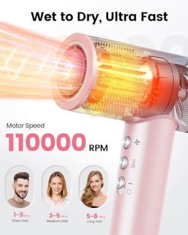 Dekuri Hair Dryer, 110,000 RPM High-Speed Fast Drying Blow Dryer, 200 Million Ionic Lightweight Hairdryer with Diffuser, Magnetic Nozzle, 4 Temps & 3 Speeds, Low Noise for Women & Men (Pink) - Image 2