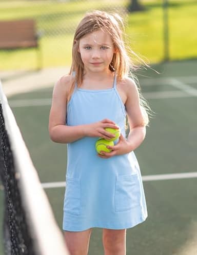 Arshiner Girls Dress with Shorts Casual Summer Spaghetti Straps One Piece Romper Dresses with Pockets for Kid 5-15 Y Light Blue - Image 2