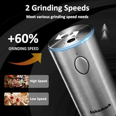 SAKAMOSH Electric Salt and Pepper Grinder Set Rechargeable, Auto One-handed Operation Pepper Mill with LED Light, EXT. Coarseness Adjustment, 2-Speed Control, Stainless Steel Salt Shakers (2 Pack) - Image 5