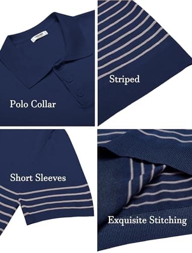 COOFANDY Men's Knitted Polo Shirts Short Sleeve Casual Golf Shirts Vintage Striped Shirts, Navy Blue, Medium - Image 5