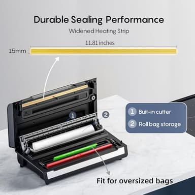 Fully Automatic Vacuum Sealer, 95Kpa Powerful Food Vacuum Sealer Machine, Auto Dry-Wet Detection | Bag Cutter | 2 Rolls Bags & 100 Pcs Precut Bags | Effortless Operation, Silver - Black - Image 3