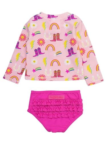RuffleButts Baby/Toddler Girls Long Sleeve Rash Guard 2 Piece Swimsuit Set w/UPF 50+ Sun Protection with Zipper - Cowgirl Cutie, 2T - Image 2