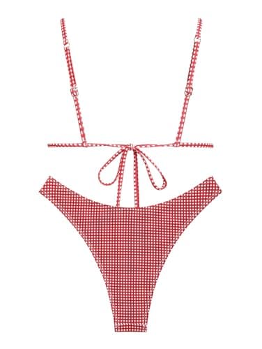 seamoly Women's Bikini Sets Sexy High Cut Triangle Thong Two-Piece Bathing Suit Tie Back Padded Cute Swimsuit Red Gingham S - Image 2