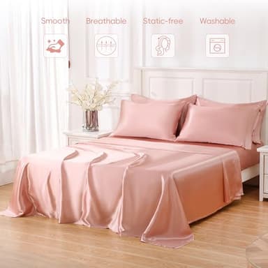 Sleeplite 4 Piece Luxury Satin Bed Sheets Set with Pillowcases - Ultra Soft & Silky, Hypoallergenic & Wrinkle-Free, Hotel Quality Comfort Bedding, Size Queen, Dusty Rose - Image 2