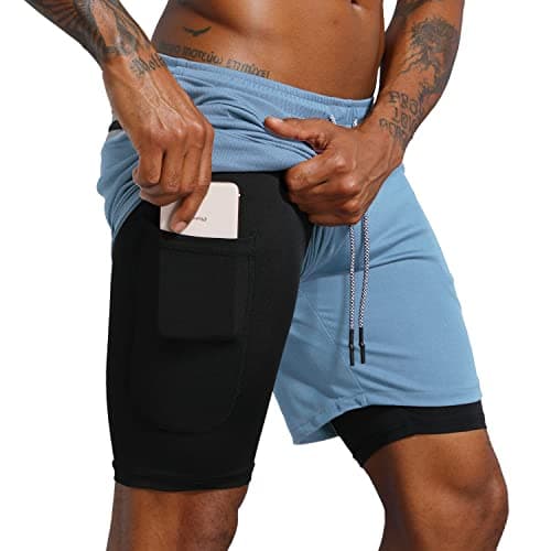 Leidowei Men's 2 in 1 Running Shorts Gym Workout Quick Dry Men Shorts with Phone Pocket (Light Blue, S) - Image 1