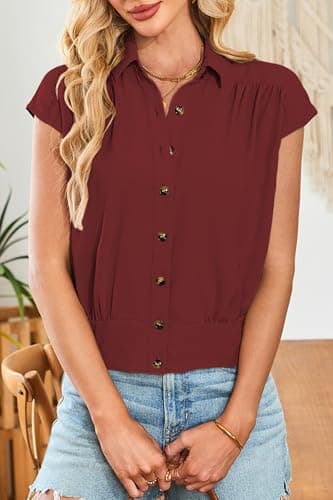 Cakulo Womens Summer Short Sleeve Button Down Shirts 2025 Dressy Casual Polo V Neck Collared Blouses Tops Ruby M - Image 2