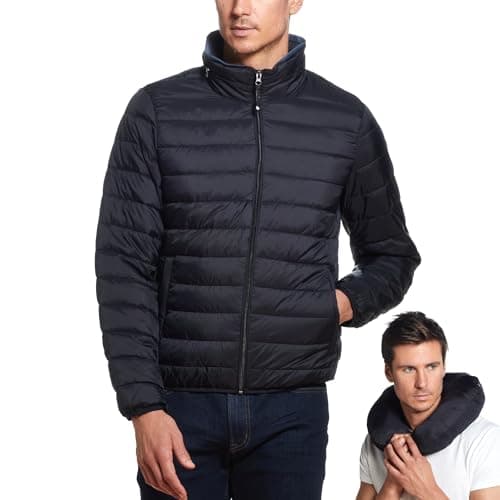 Weatherproof Men's Puffer Jacket, Lightweight Alternative Down Jacket with Packable Travel Neck Pillow, Travel-Ready Winter Jackets for Men, Water & Wind Resistant, Black, Medium - Image 1