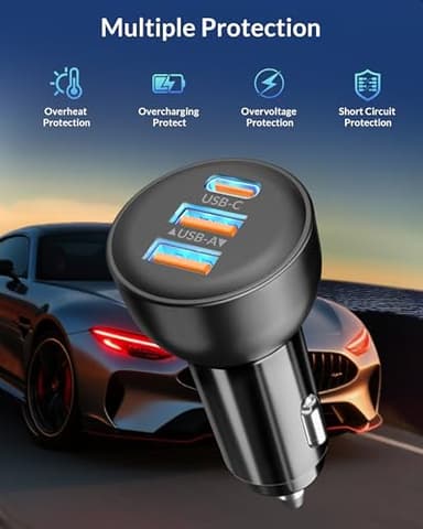 3-Port USB C Car Charger for iPhone 17/Air/16/16e/15 Pro Max Plus, 70W PD&QC Fast Charging USB-C&A Car Charger + USBC Cable for iPad, Galaxy, Android Accessories Cigarette Lighter Adapter - Image 4