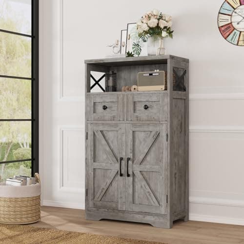 Befrases Farmhouse Storage Cabinet with Drawers and Adjustable Shelves, Freestanding Kitchen Pantry Storage Cabinet, Floor Storage Cupboard for Dining Living Room Home Office, Washed Grey - Image 1