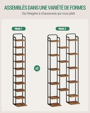 Hzuaneri 10 Tiers Vertical Shoe Rack, Narrow Shoe Tower, Tall Shoes Shelf with 2 Hooks, Adjustable Shelves, Corner Shoes Shelves for Small Spaces, Entryway, Living Room, Rustic Brown SR11201B - Image 5