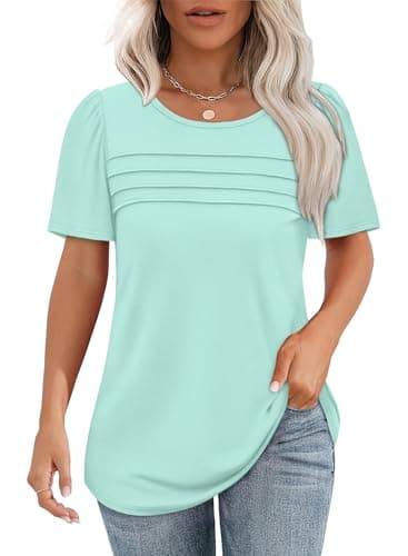 Summer Tops for Women 2025 Cute Short Sleeve Shirts Dressy Casual Blouses Flowy Loose Fitting Peplum Tunic T Shirts Beach Vacation Essentials Aqua 4XL - Image 1
