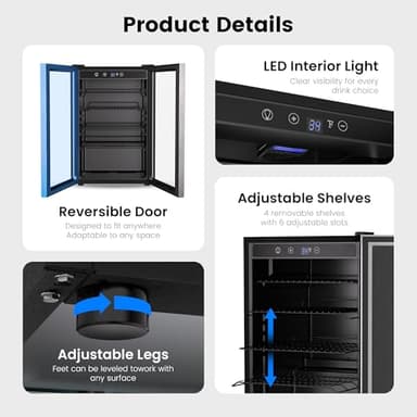 Feelfunn 4.5 Cu.Ft Beverage Refrigerator Cooler - 145 Can Mini Fridge Glass Door for Soda Beer Wine, Small Refrigerator for Bedroom Office Home Bar, 4 Adjustable Shelves, Silver - Image 6