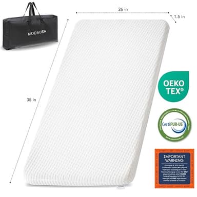MODAURA Portable Pack and Play Mattress - 38x26x1.5in Mini Crib Mattress Pad, Waterproof Organic Bamboo Cover, Non-Slip Back, Foldable with Carry Bag - Image 3