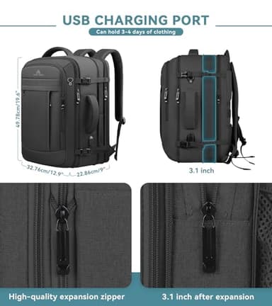 AREYTECO Travel Backpack, 50L Expandable Extra Large Laptop Backpack, Carry On Backpack Water Resistant Business Suitcase Daypack Bag Fits 17 Inch Laptops, Travel Gifts for Men Women, Black - Image 3