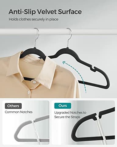SONGMICS Velvet Hangers 50 Pack, Non-Slip Clothes Hangers, Suit Hangers with Shoulder Notches, Pants Bar, 360° Swivel Hook, Space-Saving, for Closet, Ink Black UCRF029B05 - Image 3