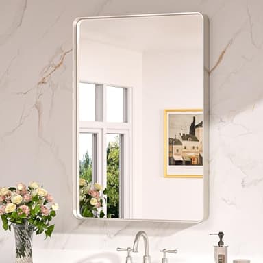 Keonjinn Brushed Nickel Mirror 24” x 36” Silver Bathroom Mirror for Over Sink, Rounded Rectangle Farmhouse Vanity Mirror with Metal Frame, HD Tempered Glass Decorative Wall Mirror(Horizontal/Vertical) - Image 1