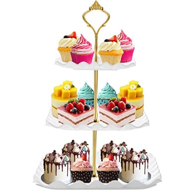 DAFURIET Dessert Cupcake Stand, 3 Tier Cup Cake Holder Tower for Tea Party/Birthday/Wedding, Plastic Tiered Serving Tray with Metal Rod, White - Image 1
