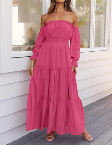 ZESICA Women's 2025 Boho Sexy Off Shoulder Long Sleeve Smocked High Waist Side Split Flowy A Line Tiered Long Maxi Dress,Rose,Medium - Image 8