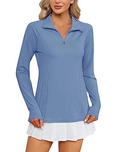 LOMON Womens Workout Tops Long Sleeve 1/4 Zip UV Sun Protection Quick Dry Hiking Athletic Shirts Rash Guard UPF 50+（Haze Blue,XXL） - Image 1