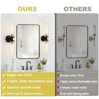 Wall Sconces Set of Two, 22" Black and Gold Bathroom Sconces with Clear Glass, Hardwired Modern Sconces Wall Decor Set of 2 Wall Light fixtures for Bathroom Mirror Living Room Hallway Bedroom - Image 2