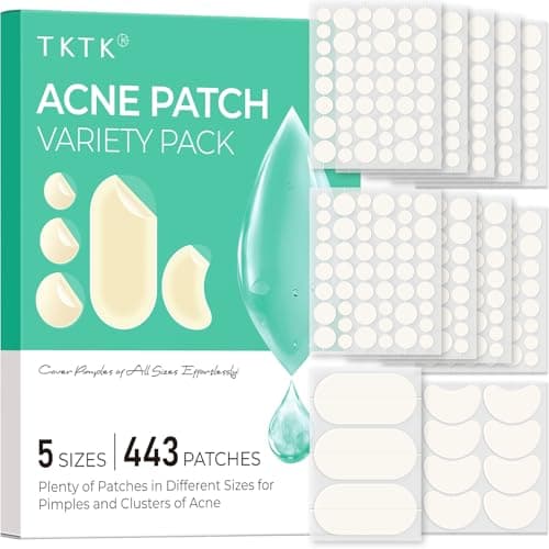 TKTK 443 Count Pimple Patches for Face, Hydrocolloid Acne Patch Bulk, Acne Stickers for Covering Cheeks, Forehead, Chin Blemishes Zit Breakouts for All Skin Types (Dots, Strip, Contoured 5 Sizes) - Image 1