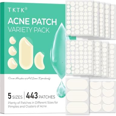 TKTK 443 Count Pimple Patches for Face, Hydrocolloid Acne Patch Bulk, Acne Stickers for Covering Cheeks, Forehead, Chin Blemishes Zit Breakouts for All Skin Types (Dots, Strip, Contoured 5 Sizes) - Image 1