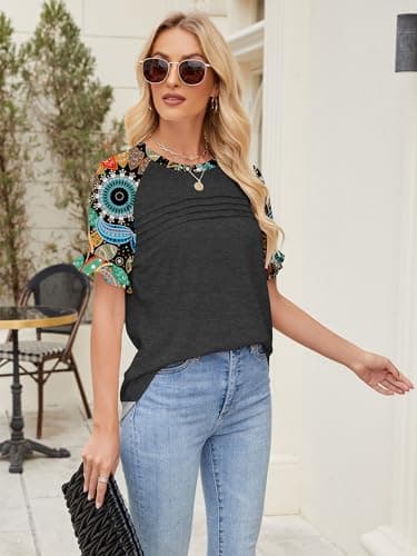 Chulianyouhuo Women's Ruffle Sleeve Tops Summer Crew Neck Casual Pleated Front Blouse Loose Fit Basic Tee Shirt(Grey M) - Image 3