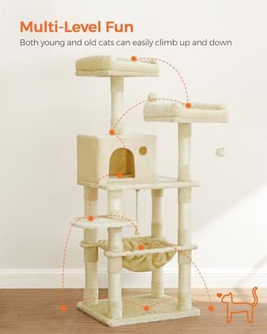Feandrea Cat Tree, 56.3-Inch Cat Tower for Indoor Cats, Multi-Level Cat Condo with 11 Scratching Posts, 2 Perches, Cave, Hammock, Beige UPCT15BE - Image 3