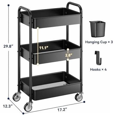 YASONIC 3 Tier Rolling Cart - Metal Utility Cart with Wheels, Hanging Cups, Hooks, Heavy Duty Mesh Rolling Storage Cart Organizer, Craft Cart for Kitchen Office, Lightweight and Sturdy - Image 3